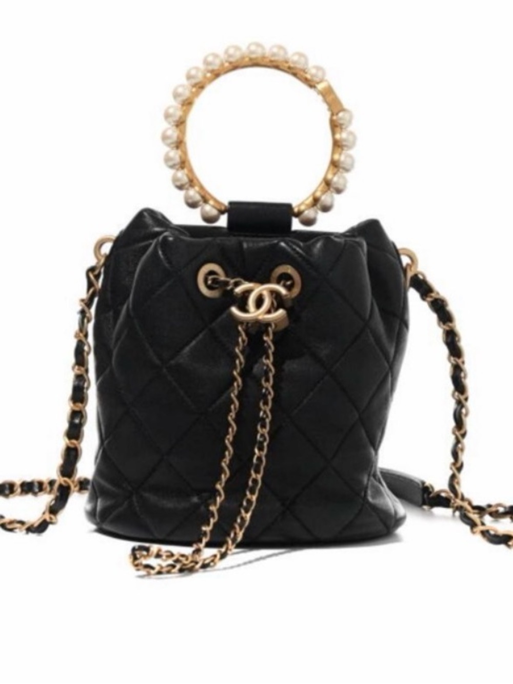 Chanel Lambskin Black Quilted Pearl-Handle Bucket Bag
